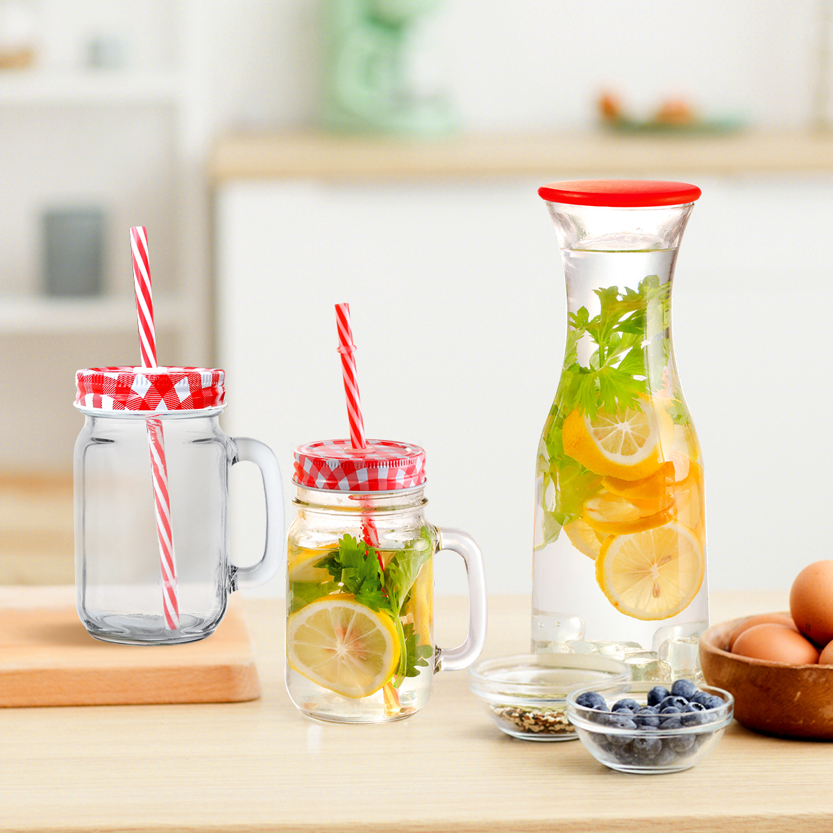 1L glass bottle juice glass beverage carafe with 500ML mason jar with straw set