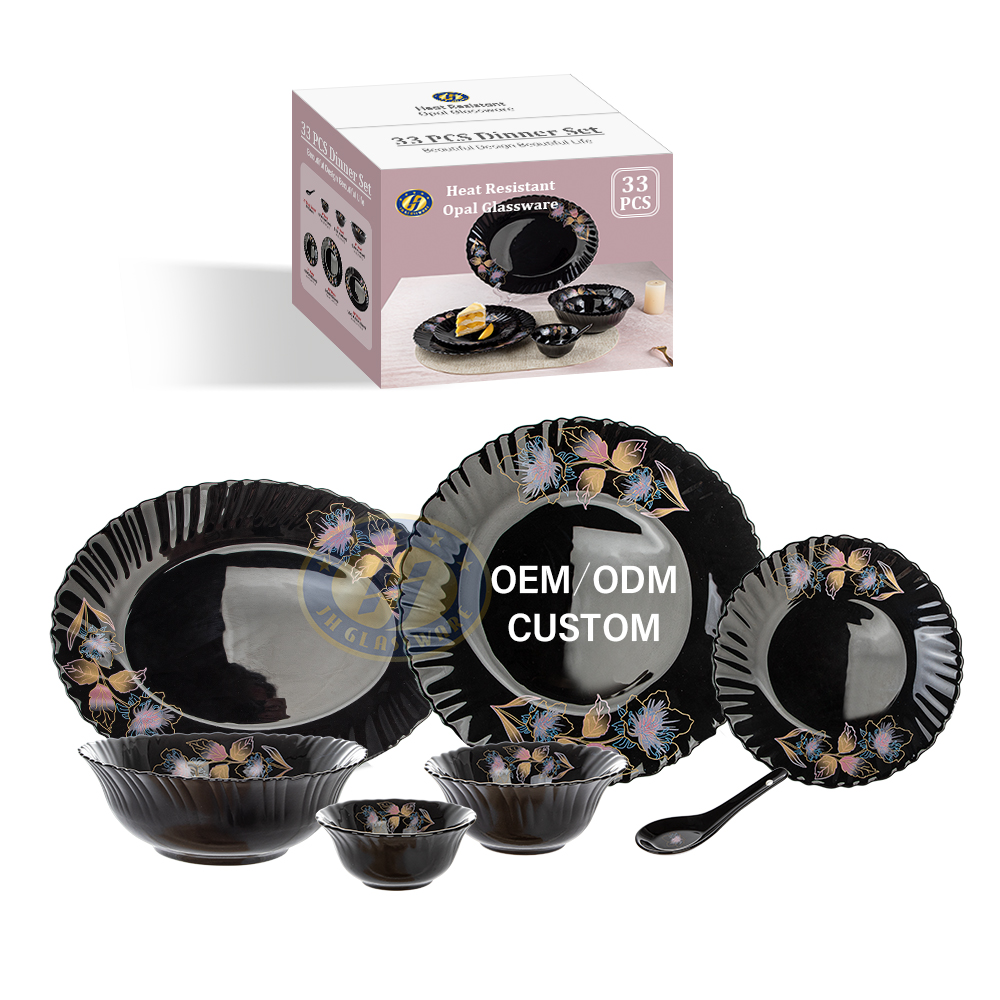 33 Pcs Set Black Bowl Plate Casserole Glass Opal glassware