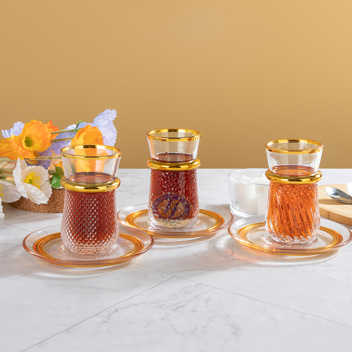 Wholesale Middle East Arabic Glass Tea Coffee Cups with Saucers Set