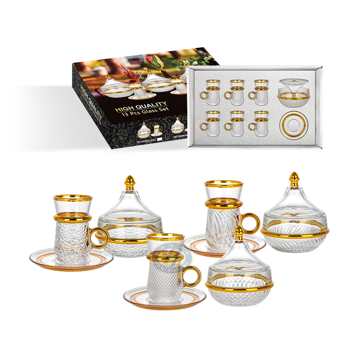 Glass TeaCup Sets with Sugar Pot