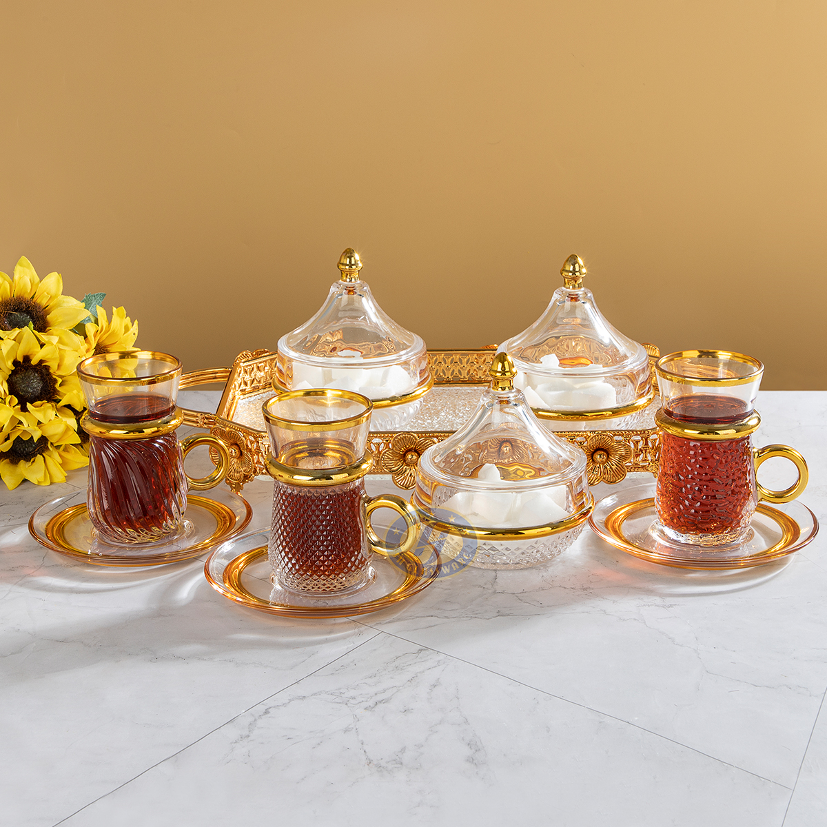 Handmade Decal Tea Cup Set with Sugar Pot