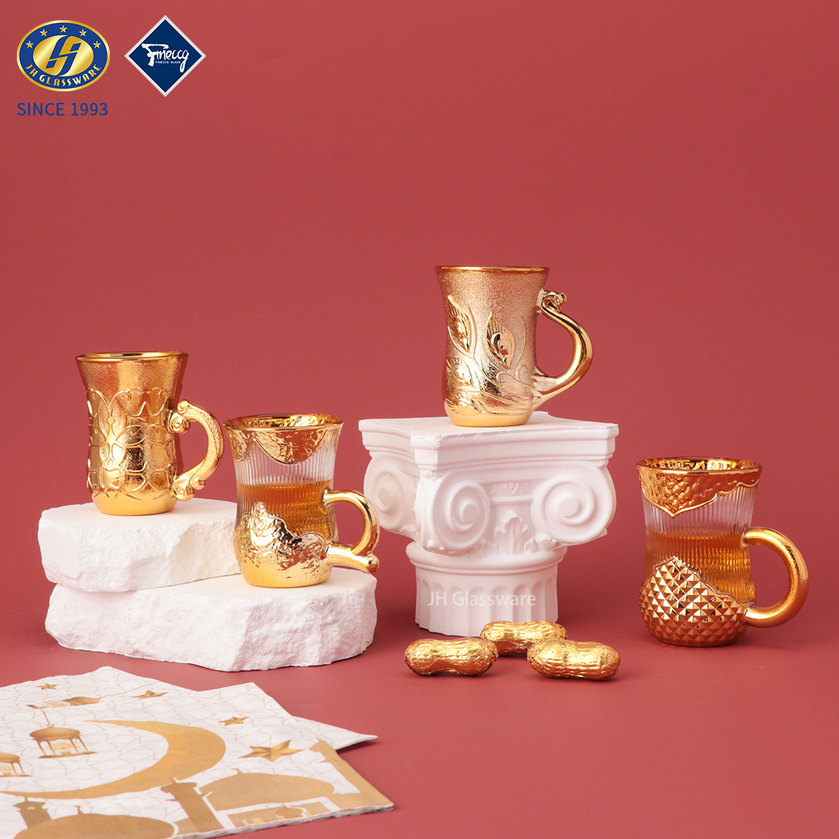 Luxury Gold-Plated Embossed Glass Coffee Mugs, Handcrafted Turkish Tea Cups with Handle