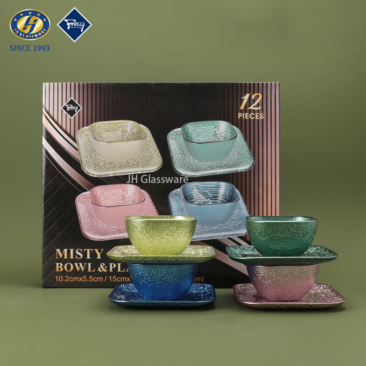 Modern Textured Square Glass Serving Bowls & Plates Set, Lead-Free Soda-Lime Glass Tableware for Home, Restaurant & Catering