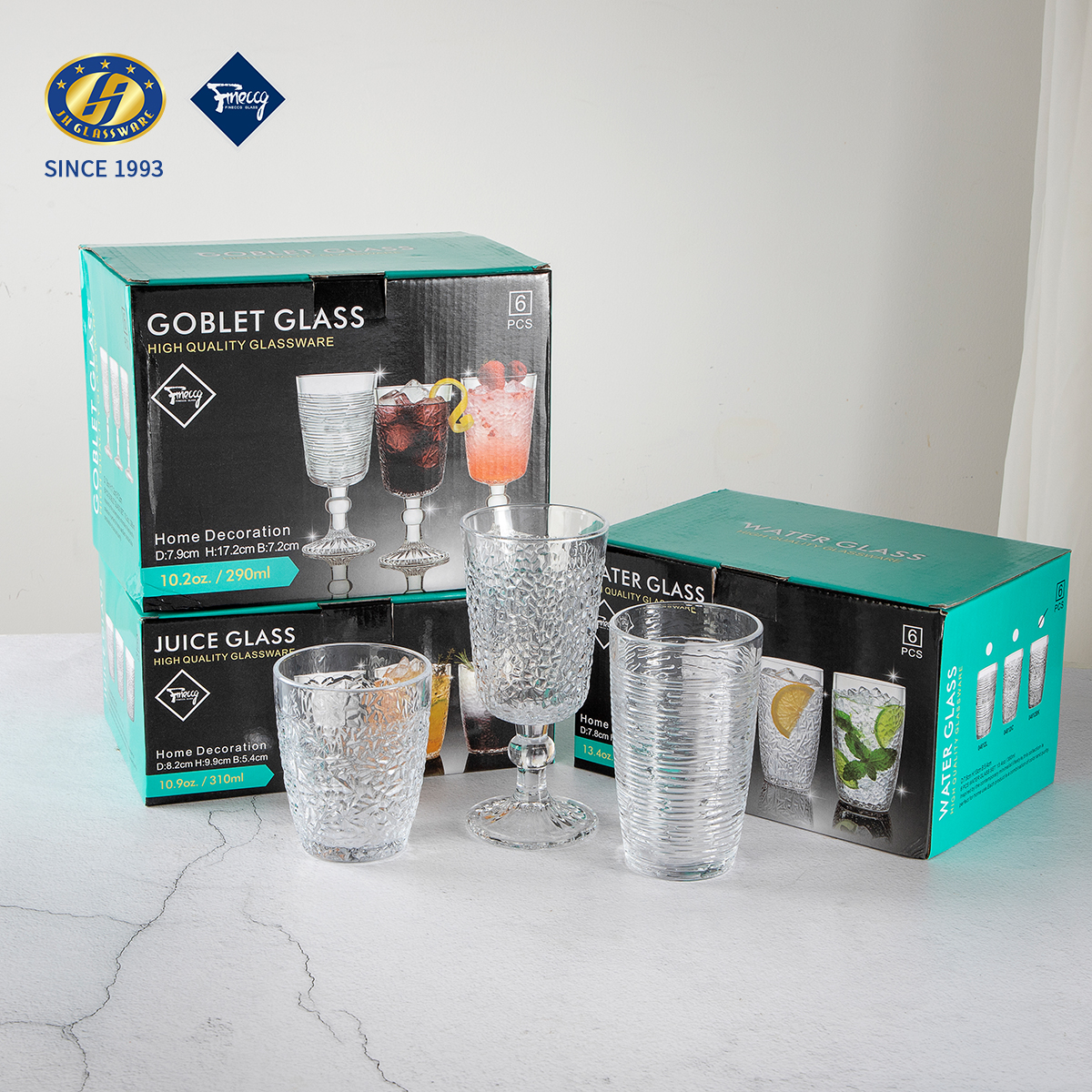Textured Clear Glass Tumblers & Footed Goblets Set, Lead-Free Soda-Lime Glass Drinking Cups for Water, Juice, Cocktails & Home Bar