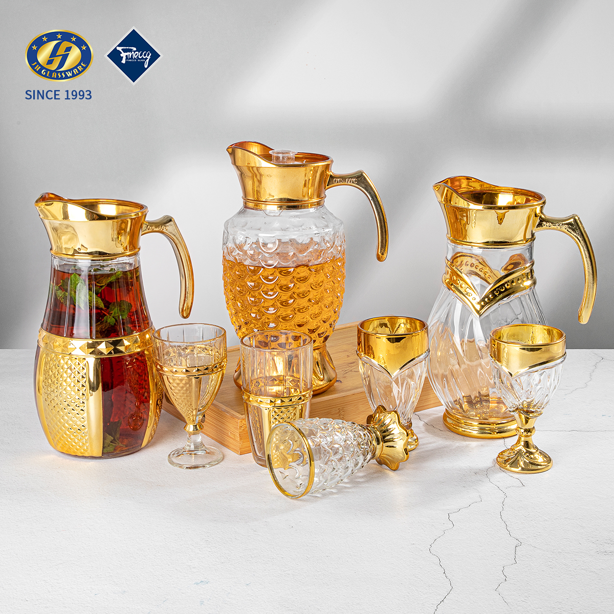 Luxury Gold Plated Glass Pitcher Set - Embossed Crystal Water Jug with Goblet Cups