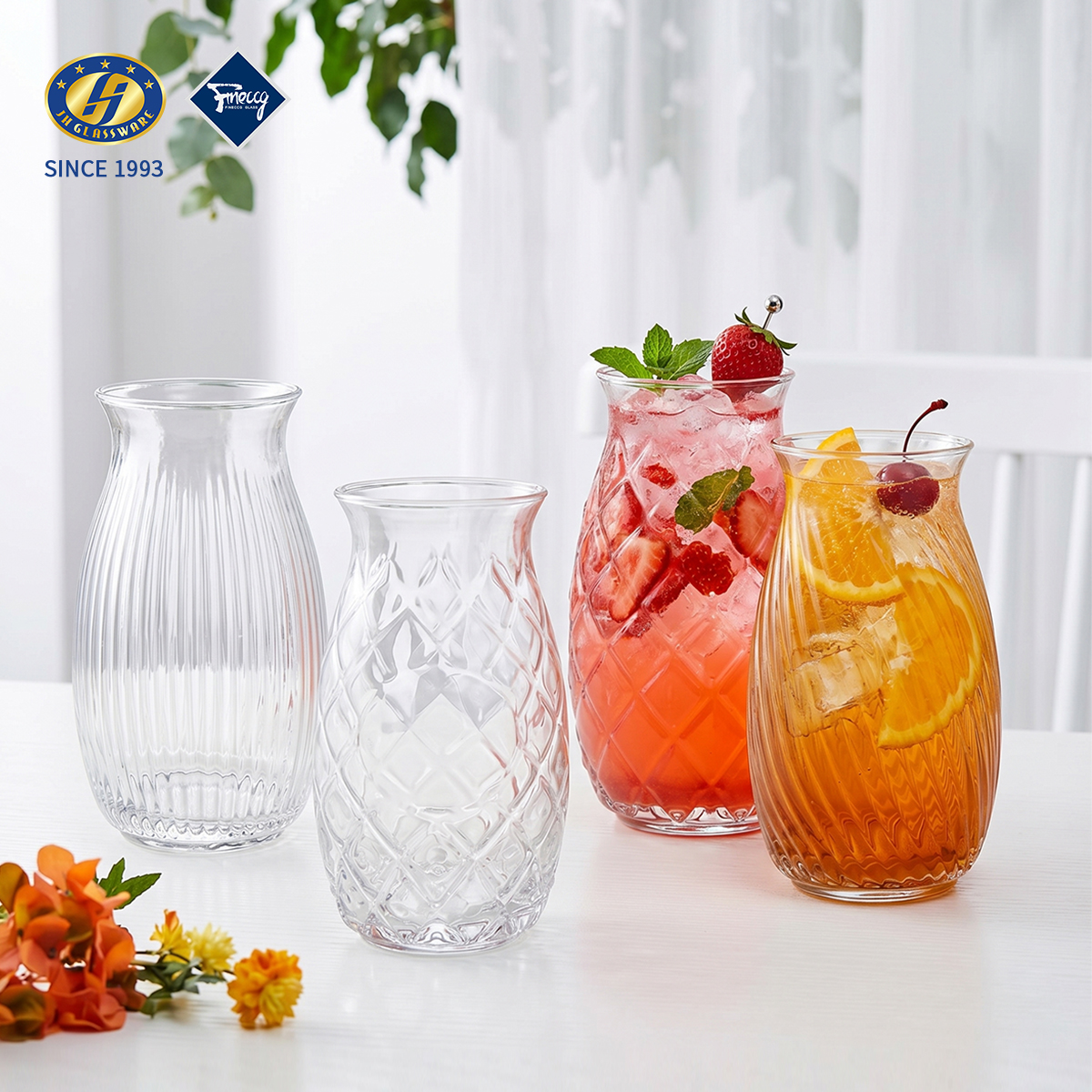 4 Textures Embossed Oval Belly Glass Juice Tumbler 520ml Large Capacity Cold Drink Water Cup Gift Set