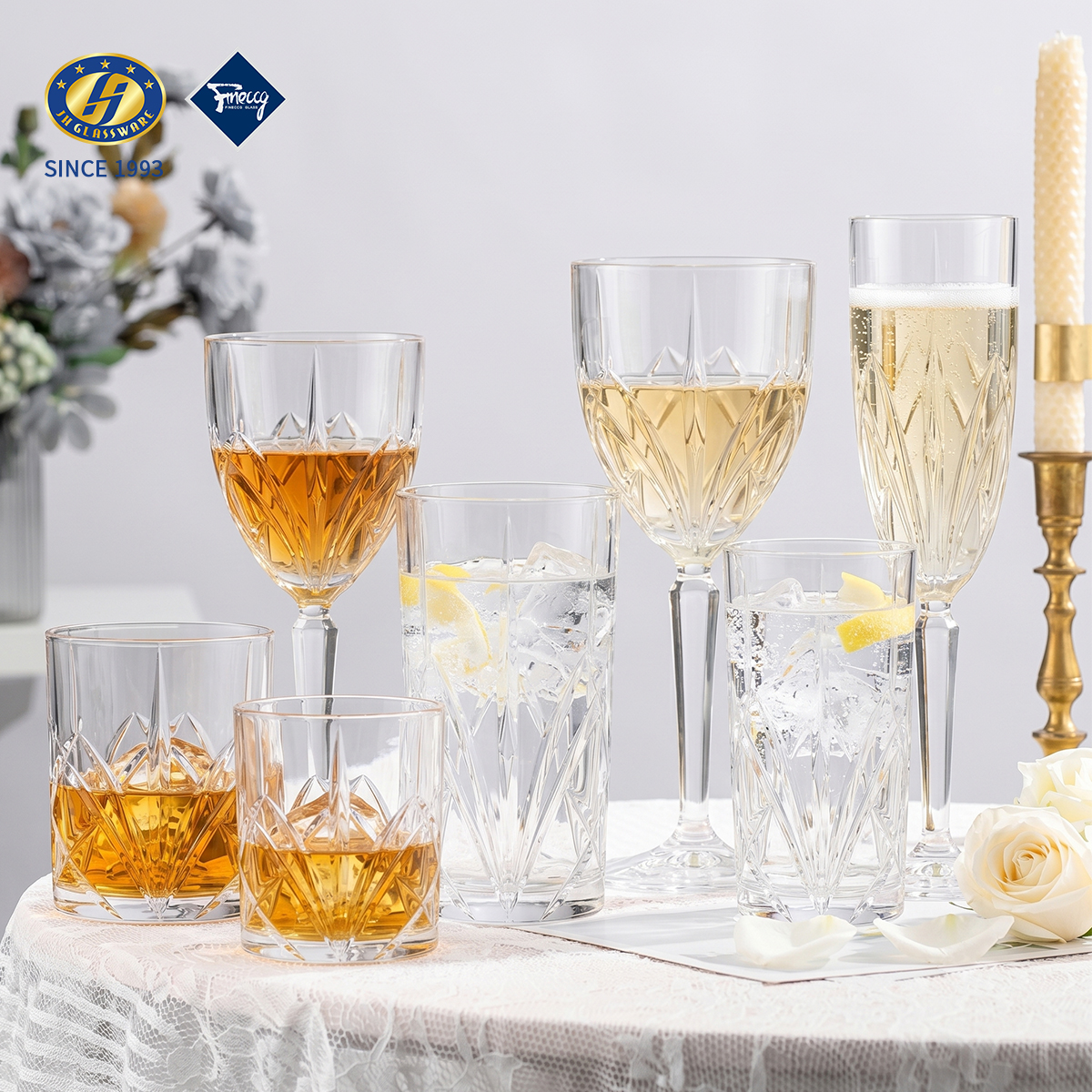 Diamond Cut Crystal Glassware Set, Rock Tumbler / Highball Cup / Red Wine Goblet / Champagne Flute Complete Table Glass Collection