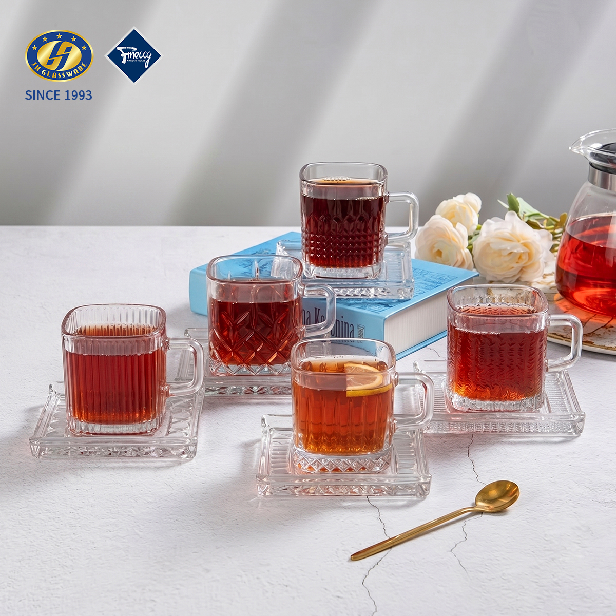 Square Embossed Glass Mug With Matching Coaster 160ml, Diamond Cut Handle Tea Coffee Cup Gift Box Set Wholesale FINECCG Ready Goods
