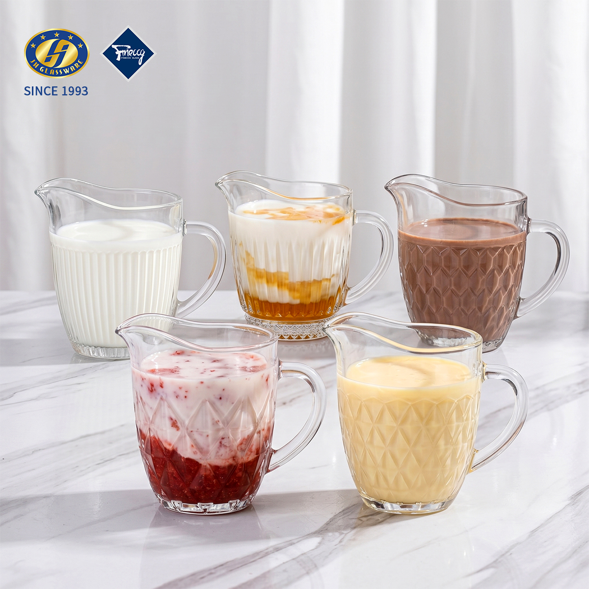 Embossed Glass Milk Pitcher With Handle, Mini Glass Creamer Jug For Coffee Latte Tea, Gift Box Packed Wholesale FINECCG Ready Goods