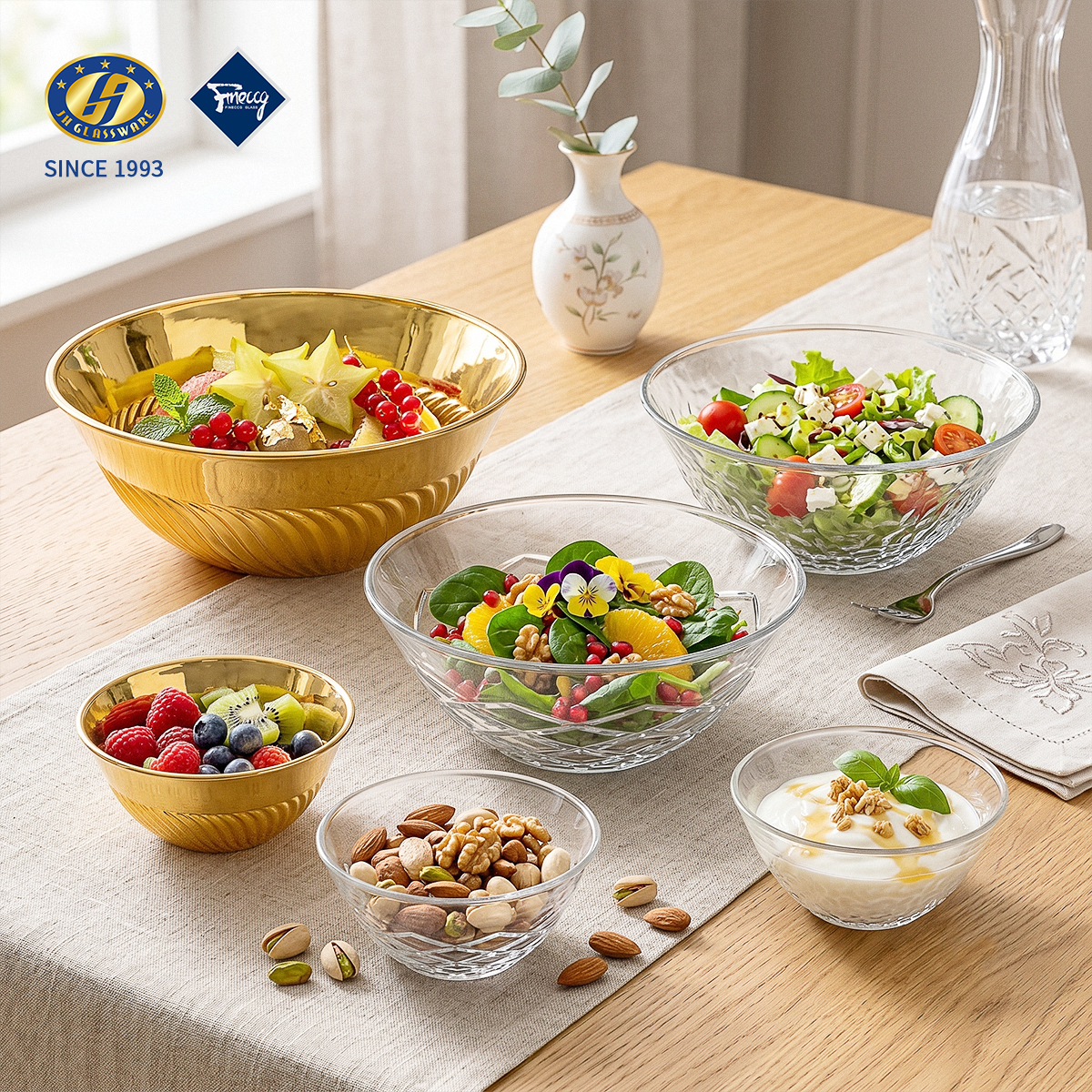 Wave Embossed Glass Salad Bowl Set, Gold Electroplated Fruit Snack Serving Bowls, Multiple Sizes Gift Box Pack Wholesale FINECCG Ready Goods
