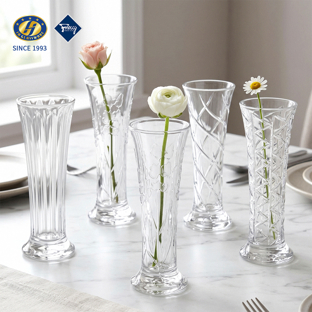 Tall Embossed Crystal Glass Flower Vase, Vertical & Diamond Cut Clear Glass Floral Vase For Home Table Decor, Single Gift Box Wholesale FINECCG Ready Goods