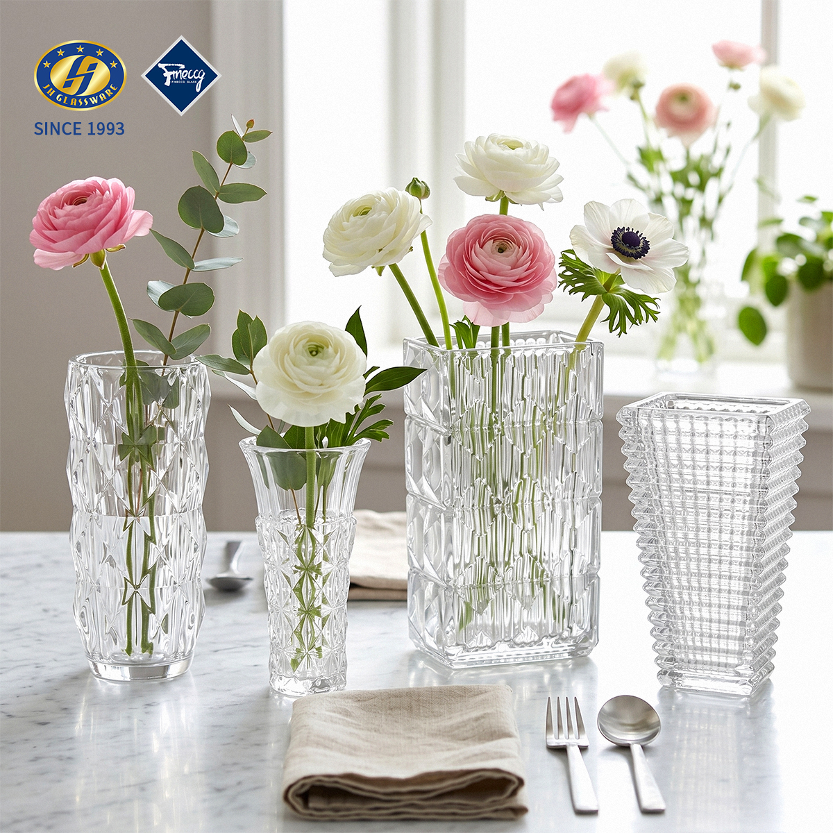 Square Waffle Grid Embossed Glass Flower Vase, Flared Mouth Clear Crystal Floral Vase Multi Sizes For Home Wedding Table Decor, Gift Box Wholesale FINECCG Ready Goods