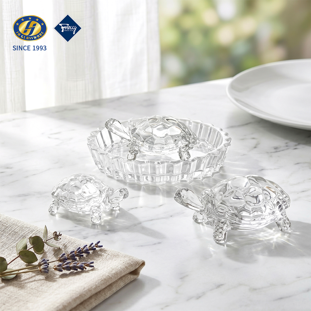 Tortoise Shaped Glass Storage Dish With Lid, Sunburst Embossed Crystal Candy Nut Snack Bowl, Single & 2Pcs Gift Box Wholesale FINECCG Ready Goods