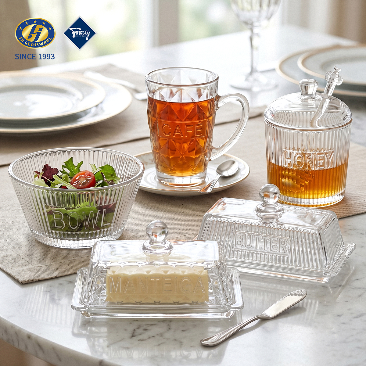 Alphabet Embossed Glass Tableware Set, Multi-Piece Crystal Glass Butter Dish Mug Honey Jar Salad Bowl Plate Gift Box Pack Wholesale FINECCG Ready Goods