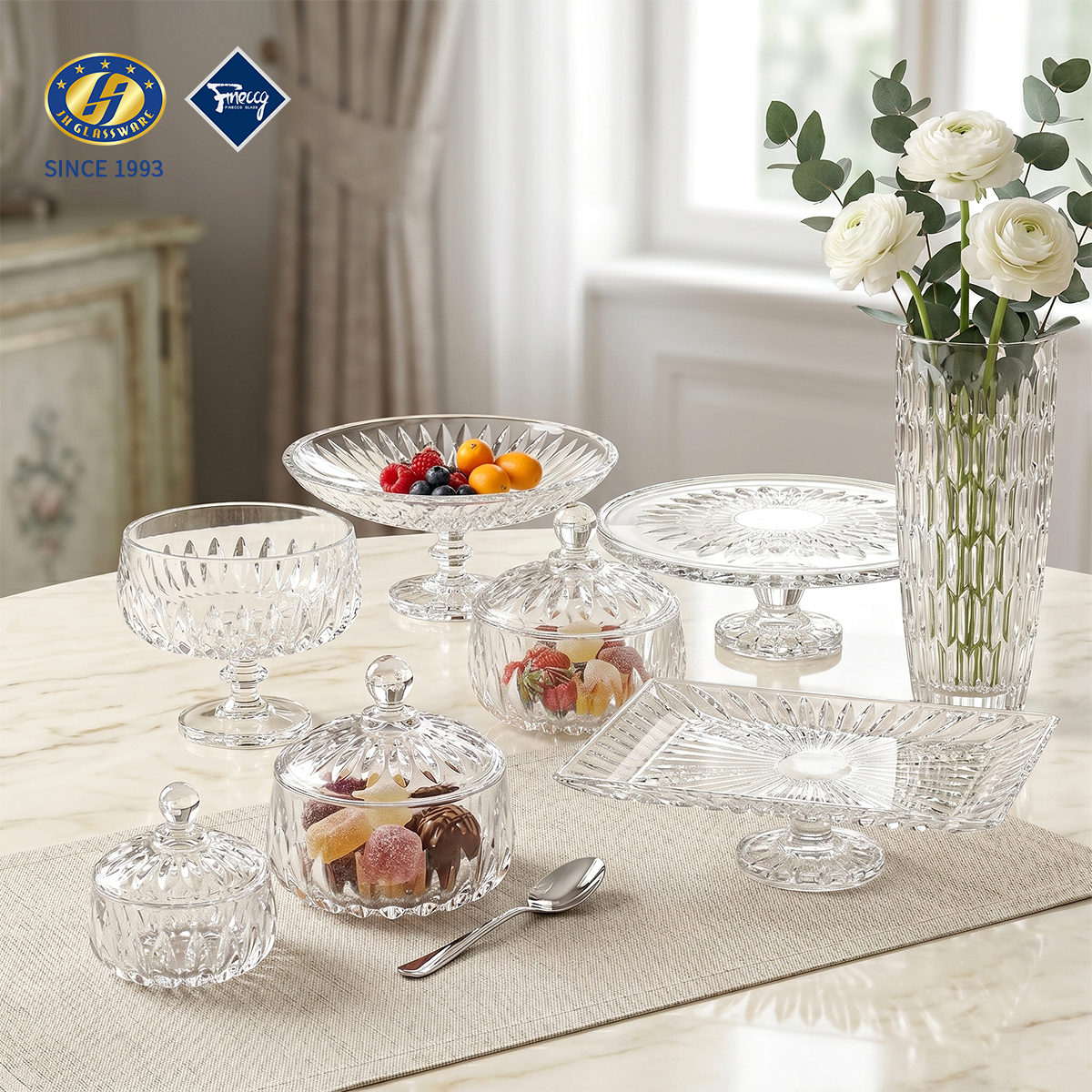 OCN Series Sunburst Embossed Glass Tableware Set, Crystal Glass Cake Stand Storage Jar Tall Vase Fruit Platter, Gift Box Pack Wholesale FINECCG Ready Goods