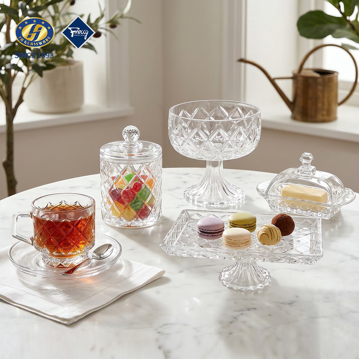 LXT Series Diamond Lattice Embossed Glass Tableware Set, Crystal Glass Storage Jar Butter Dish Cake Stand Serving Platter Mug Gift Box Wholesale FINECCG Ready Goods