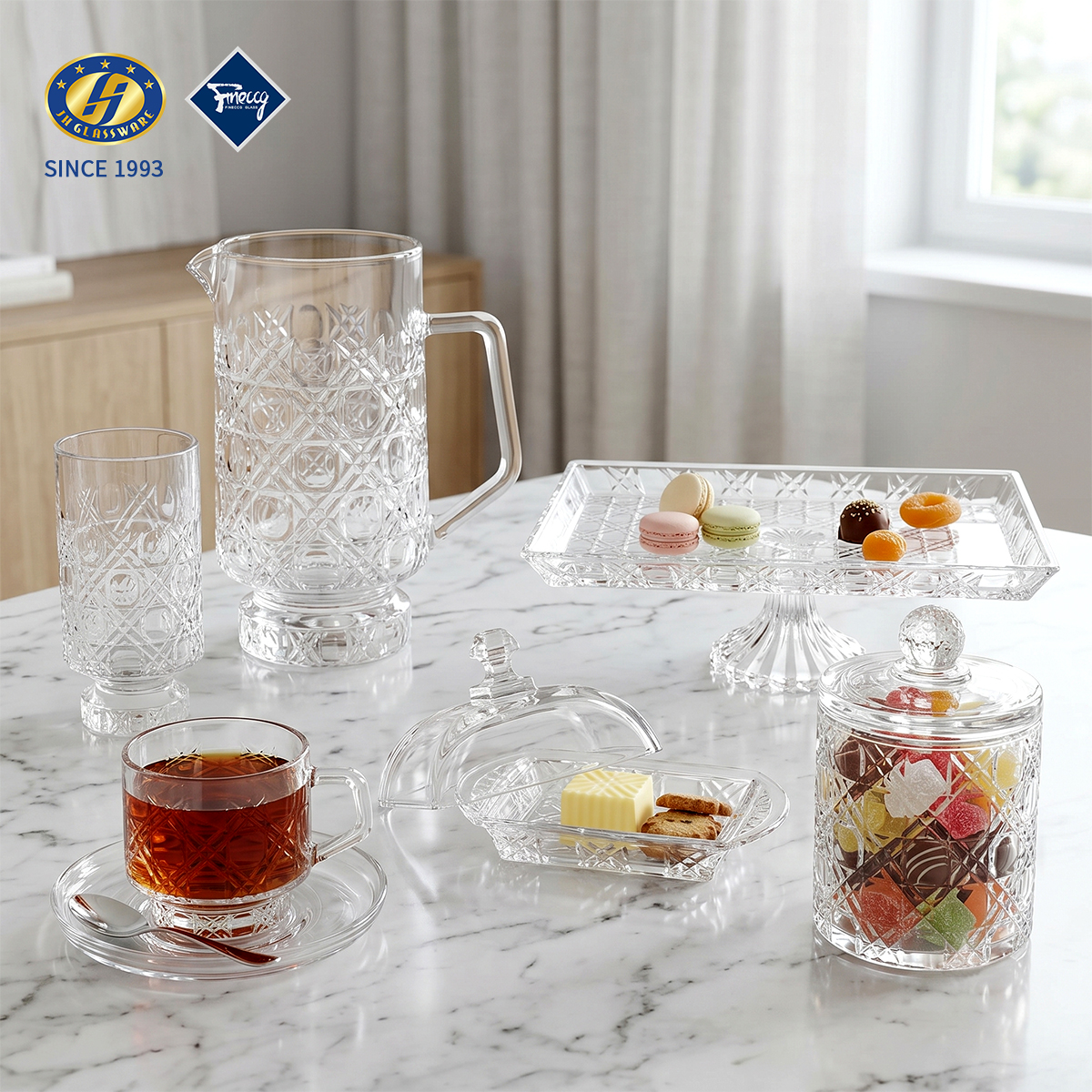 FG9 Series Diamond Lattice Embossed Glass Tableware Set, Crystal Water Pitcher Tumbler Storage Jar Butter Dish Footed Cake Stand Rectangular Divided Platter Tea Mug Single Gift Box Wholesale