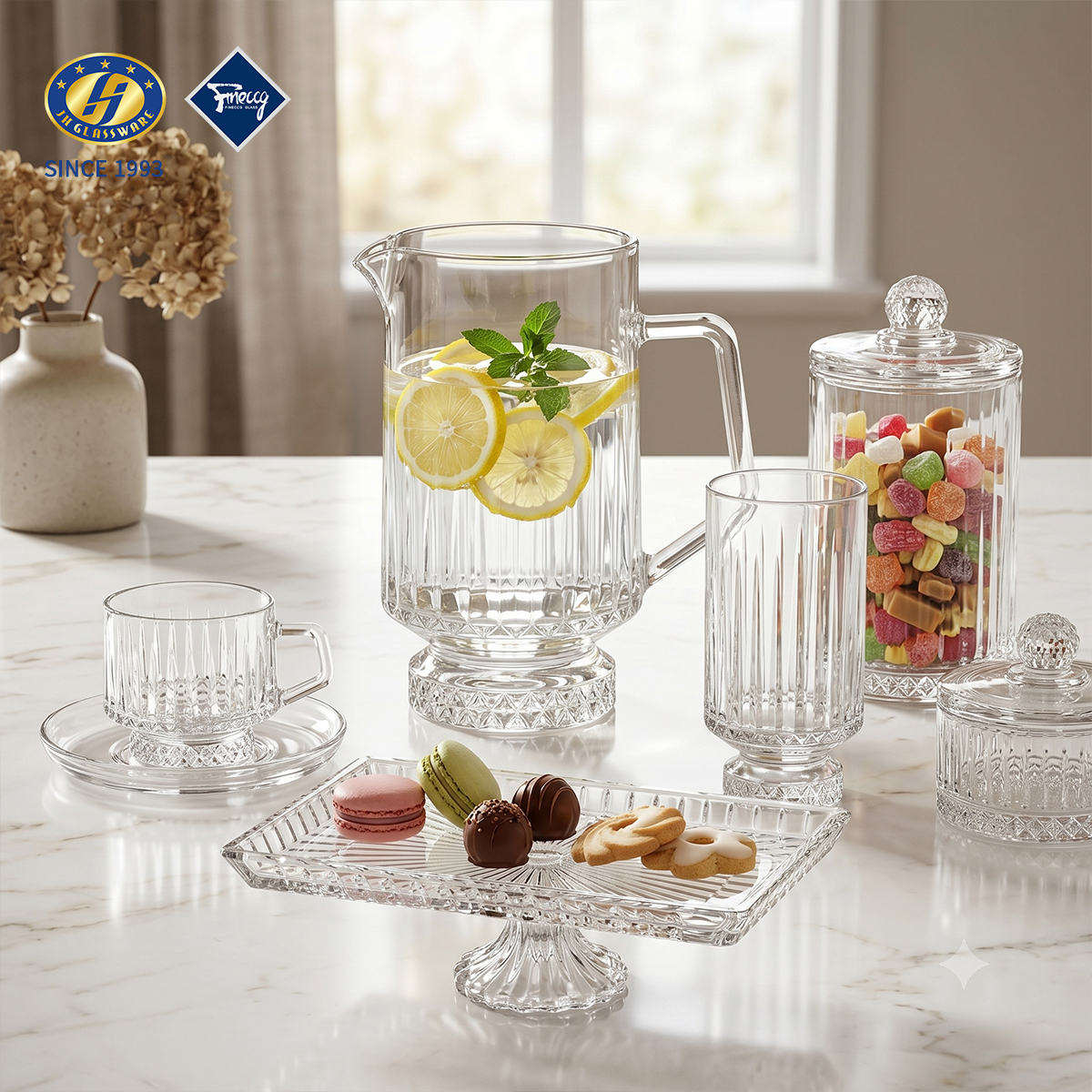 Vertical Fluted Embossed Glass Tableware Set, Crystal Water Pitcher Tumbler Storage Jar Butter Dish Footed Cake Stand Divided Platter Tea Mug Separate Gift Box Wholesale