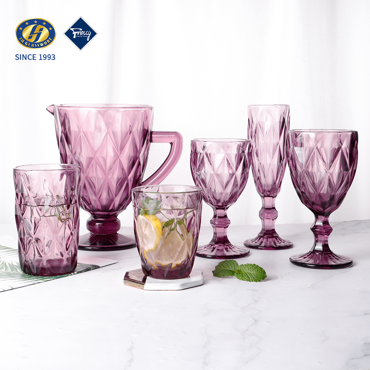Colored Diamond Embossed Glass Drinkware Set, Water Pitcher Stem Goblet Tumbler Mug, Multi Color Purple Blue Green Grey Clear Gift Box Wholesale