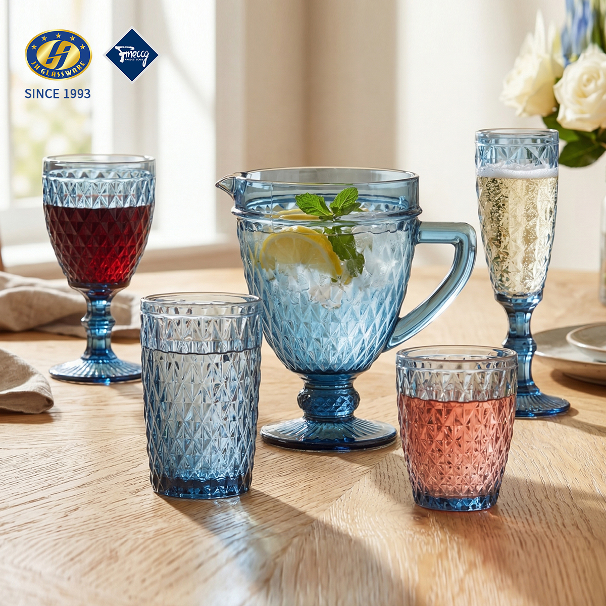 LX Series Tinted Diamond Cut Glass Drinkware Set, Water Pitcher Stem Goblet Tumbler Handle Mug, Clear Blue Purple Green Grey Colored Glass Single Gift Box