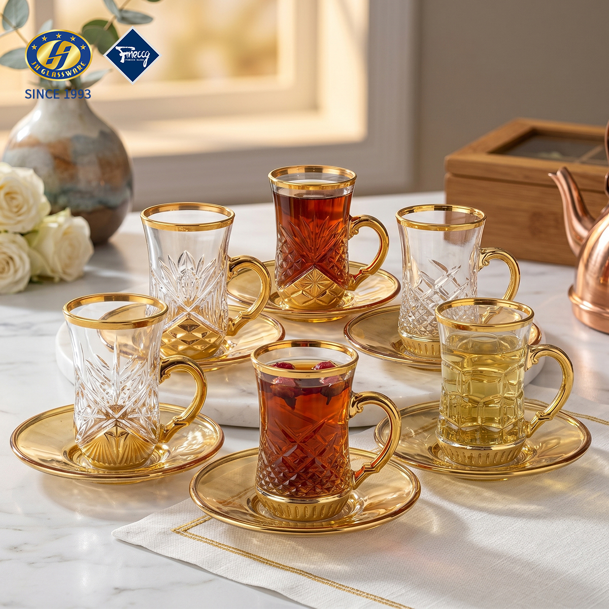 Gold Rim Diamond Cut Embossed Glass Tea Mug With Matching Saucer Gift Set, 6Pcs / 12Pcs Golden Edge Coffee Cup Set, Luxury Gift Box