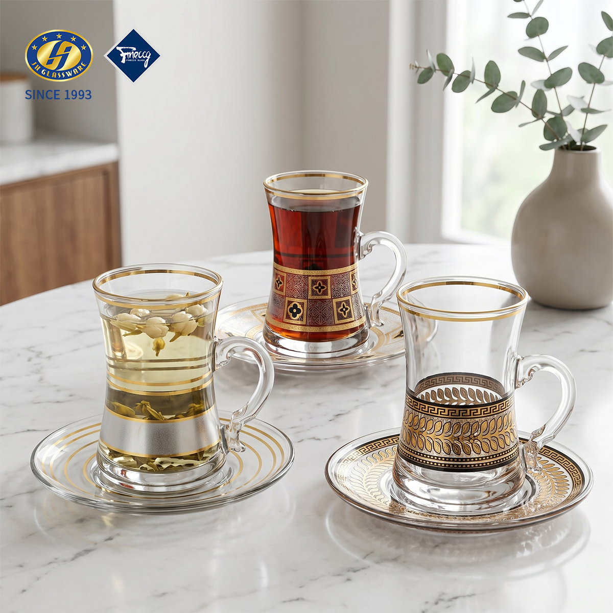 ZP6105 Series Gold Printed Small Glass Tea Cup With Matching Saucer Gift Set, 110ml Mini Turkish Tea Glass Mug, 12Pcs Luxury Gift Box Wholesale