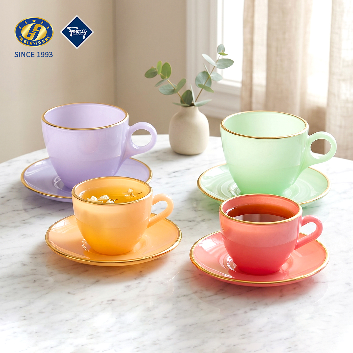Pastel Gradient Tinted Gold Rim Glass Tea Cup With Matching Saucer Gift Set, 4 Soft Macaron Colors, 12Pcs Luxury Gift Box Wholesale