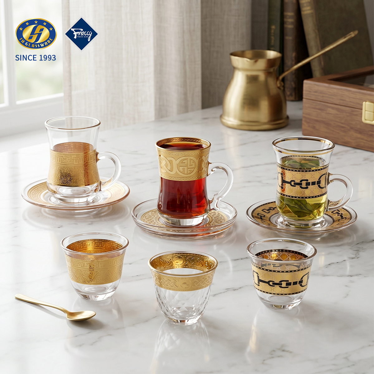 Gold Decal Printed Glass Tea Cup & Small Shot Cup With Matching Saucer Full Gift Set, 18Pcs Large Luxury Gift Box