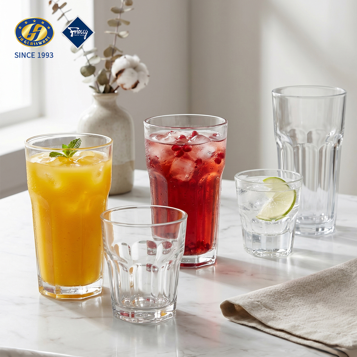 Multi Size Vertical Fluted Rib Clear Glass Tumbler Set, Short Whiskey Cup Medium Juice Glass Tall Highball Water Cup