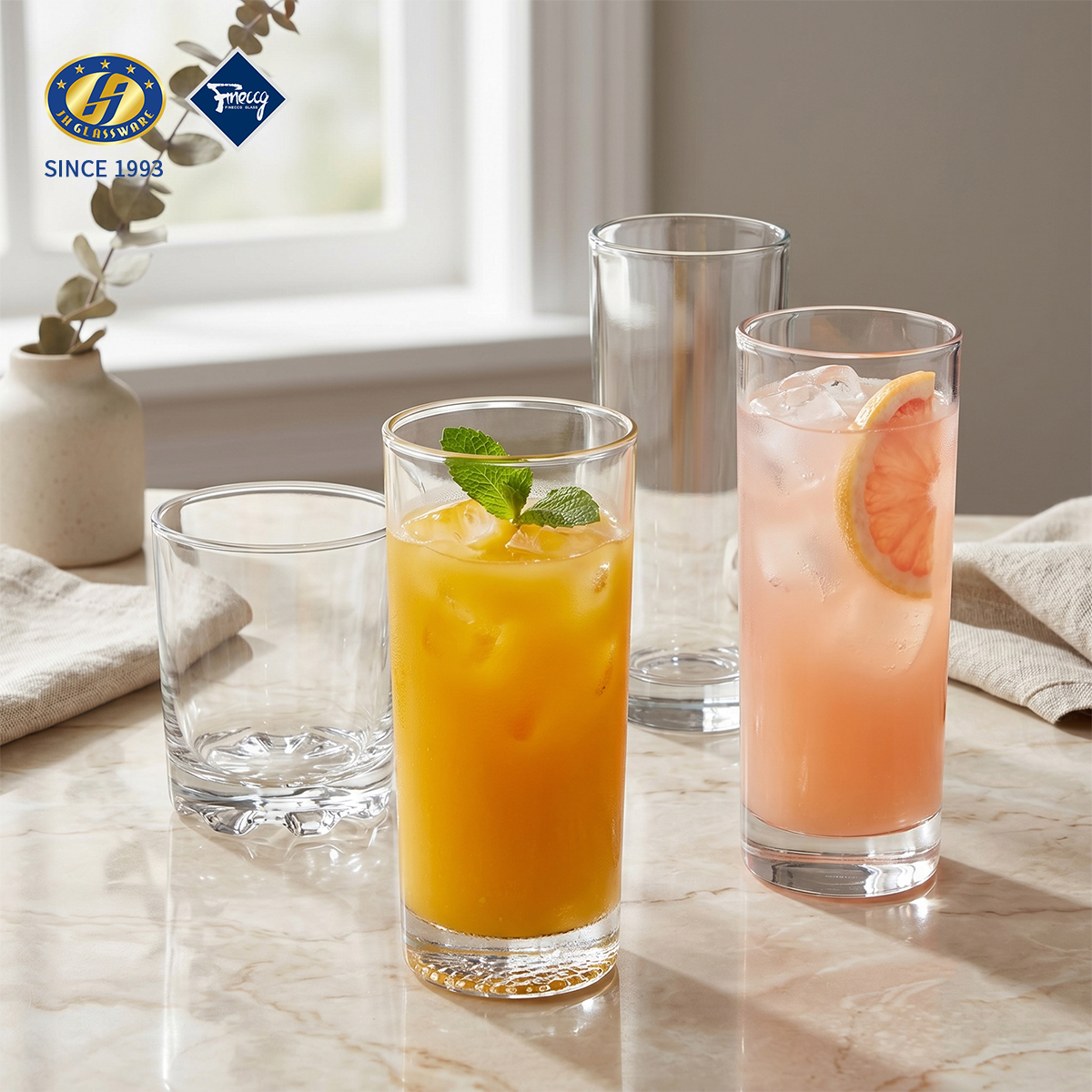 Straight Plain Clear Glass Tumbler Set, 4 Sizes Smooth Flat Side Water Juice Glass Cups, 6Pcs Color Gift Box Wholesale