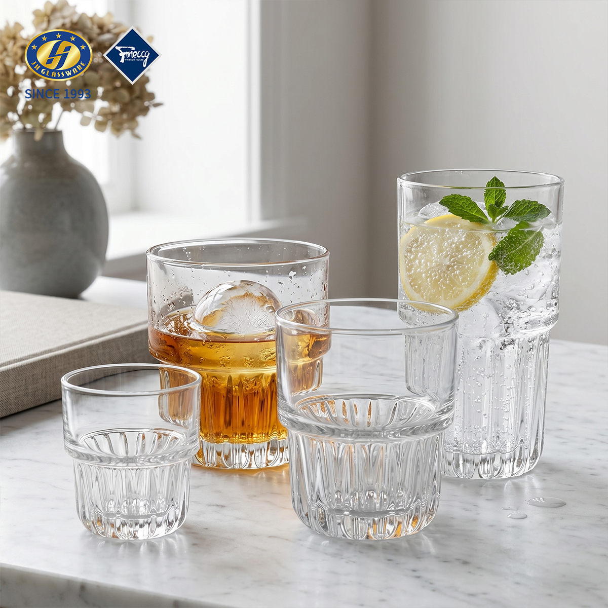 Vertical Fluted Rib Embossed Clear Glass Tumbler Set, 4 Sizes Straight Water Juice Glass Cups, 6Pcs Gift Box Wholesale
