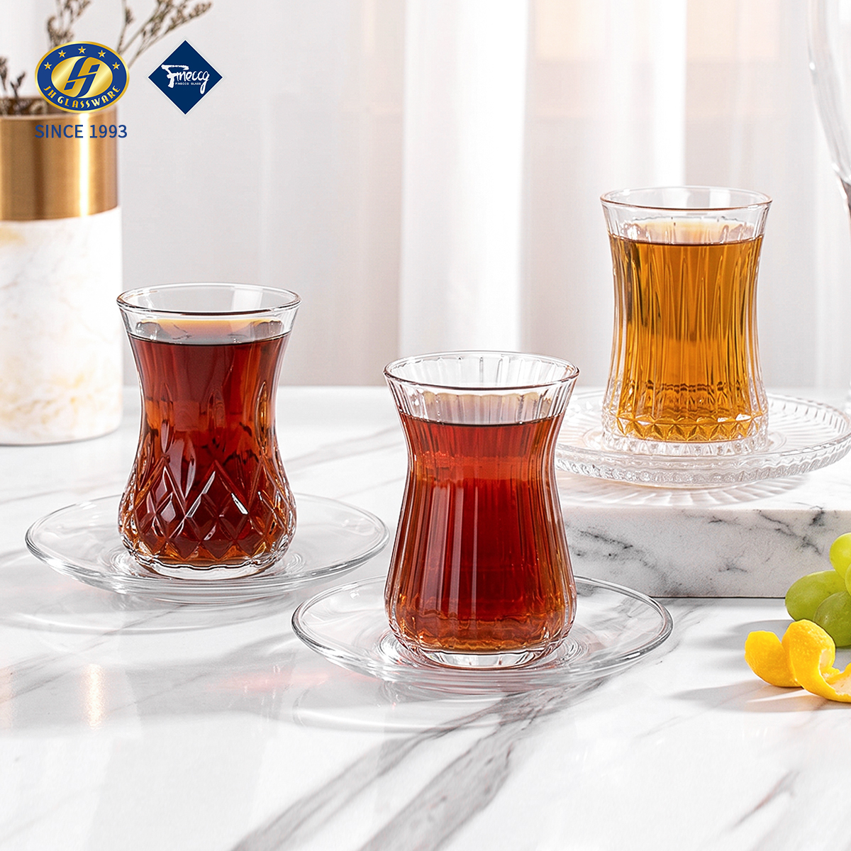 Vintage Curved Lead-Free Glass Tea Cup With Saucer Set Transparent Arabic Tea Glass For Ramadan Home Cafe Table Decor