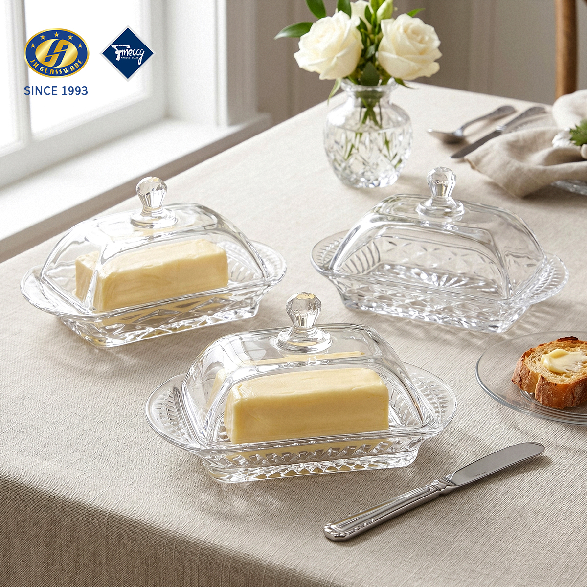 Diamond Embossed Lead-Free Glass Butter Dish With Lid Rectangular Covered Cheese Serving Tray For Breakfast Wedding Table Decor