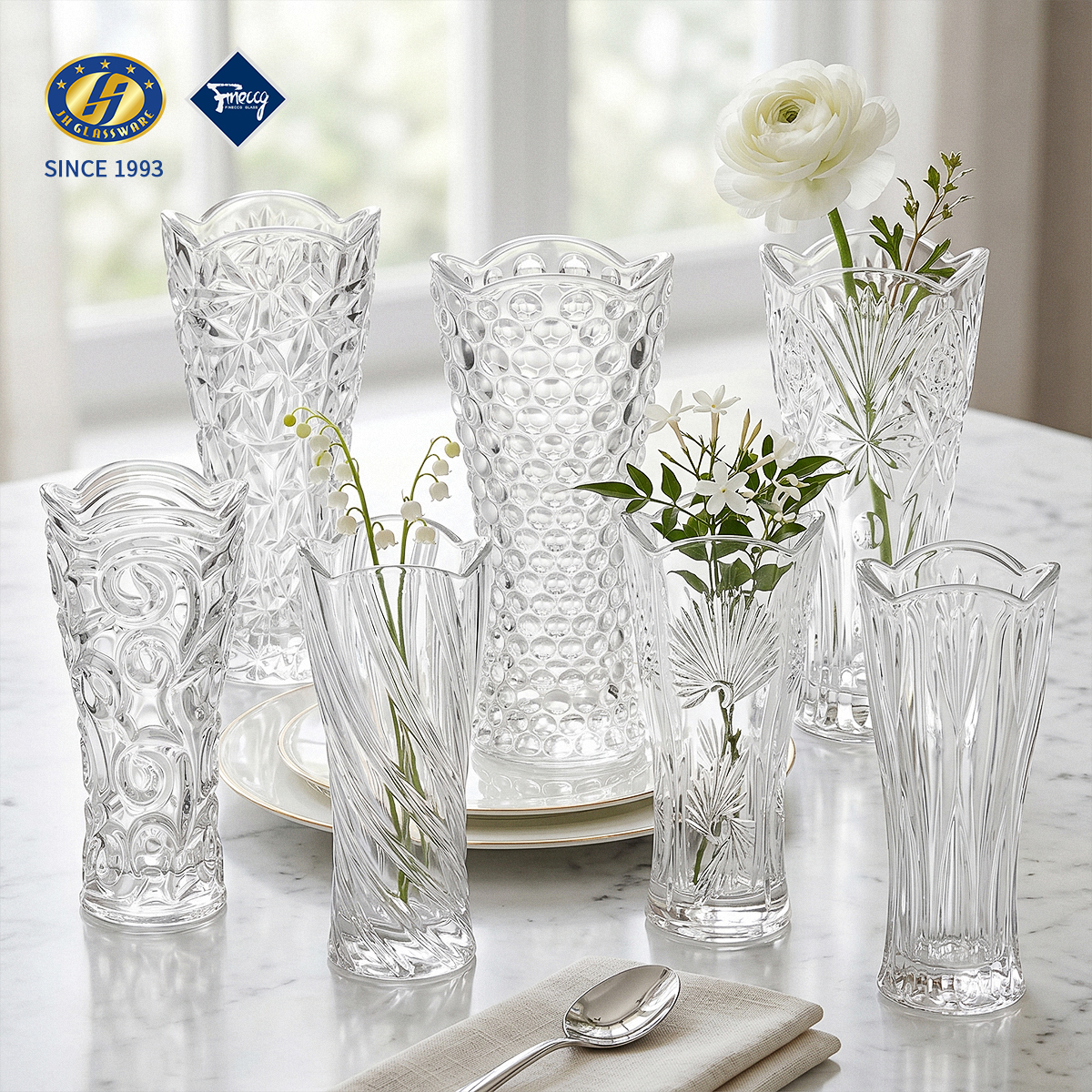 Multi-Pattern Embossed Mini Glass Bud Vase Set Tall Clear Single Flower Decorative Vase For Wedding Table Home Centerpiece Decor