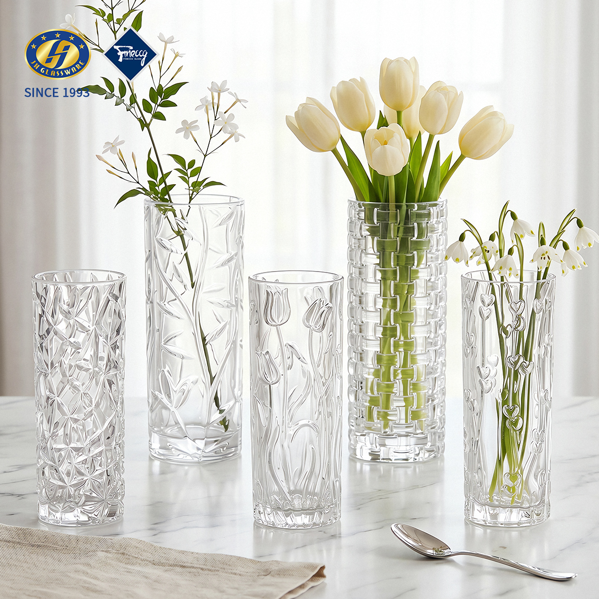 Vertical Striped Lead-Free Glass Bud Vase Set Tall Straight Cylinder Single Flower Decor Vase For Wedding Home Table Centerpiece Decor