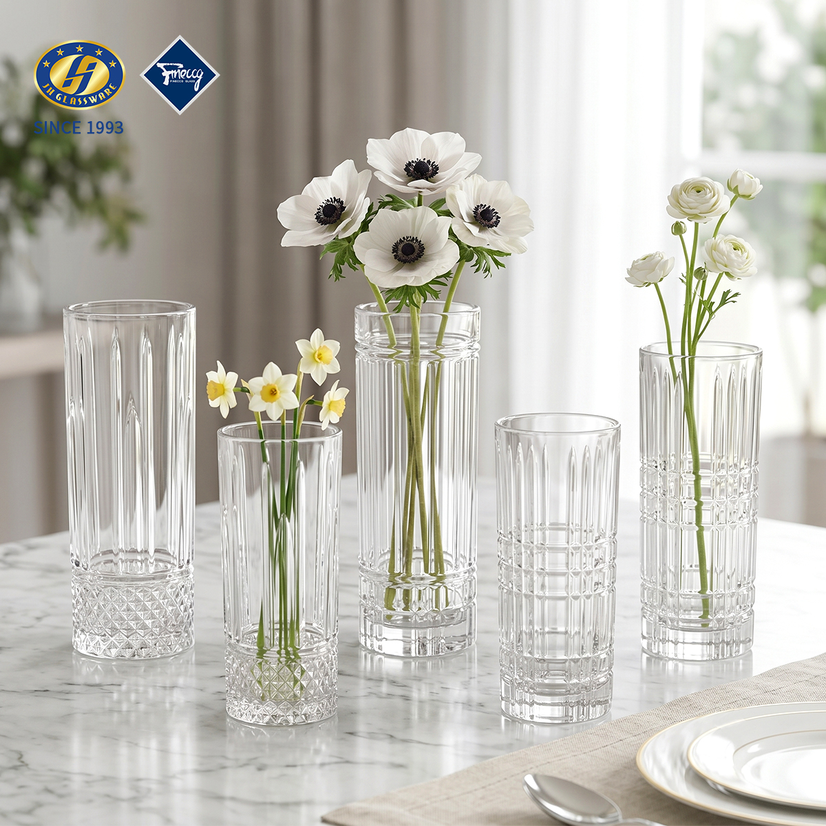 Vertical Striped Lead-Free Glass Bud Vase Set Tall Straight Cylinder Single Flower Decor Vase For Wedding Home Table Centerpiece Decor