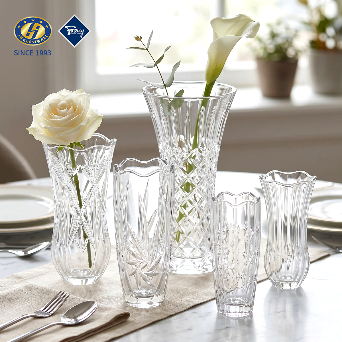 Embossed Lead-Free Glass Bud Vase Straight Tall Single Flower Decor Vase Set